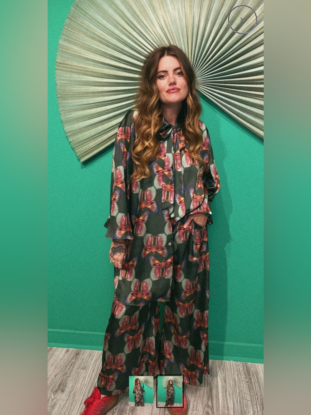 Lady the Brand Lady Mariposa Set, Dark Green Satin-like Set with Moth Pattern